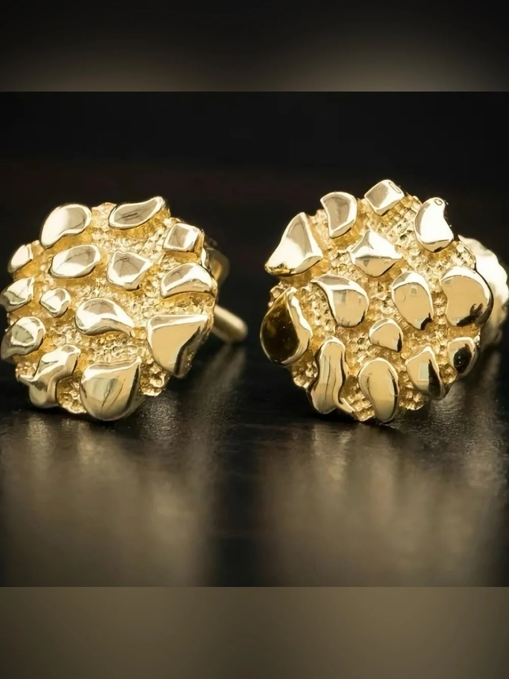 Gold Men's Textured Round Stud Earrings